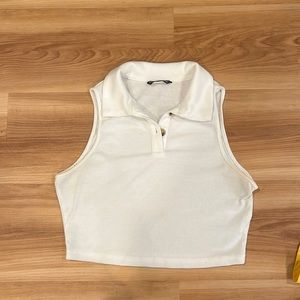 White, size M, crop top (not to short), not super see through